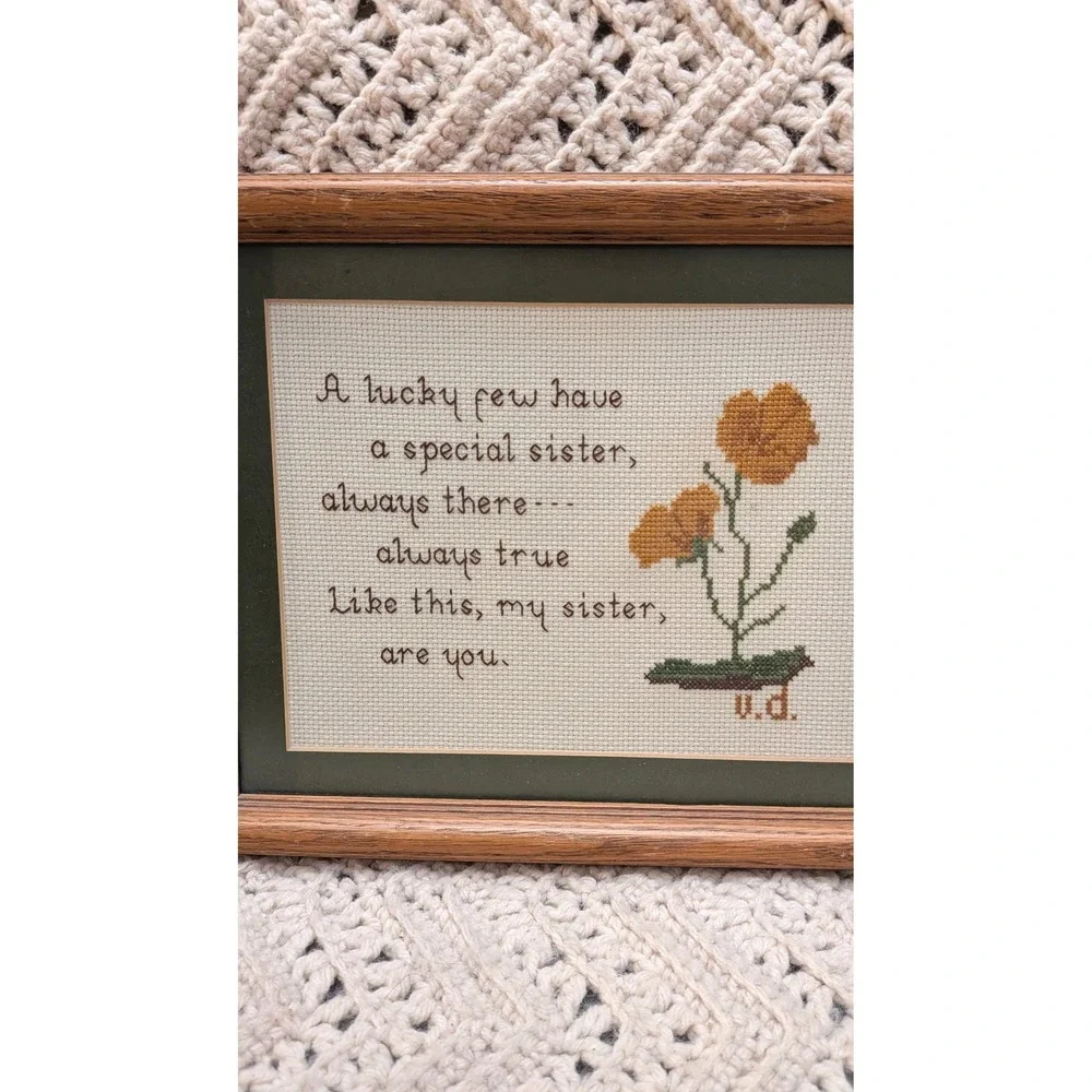 Vintage Handmade Sister Cross Stitch Framed Wall Art Yellow Floral Wood Frame